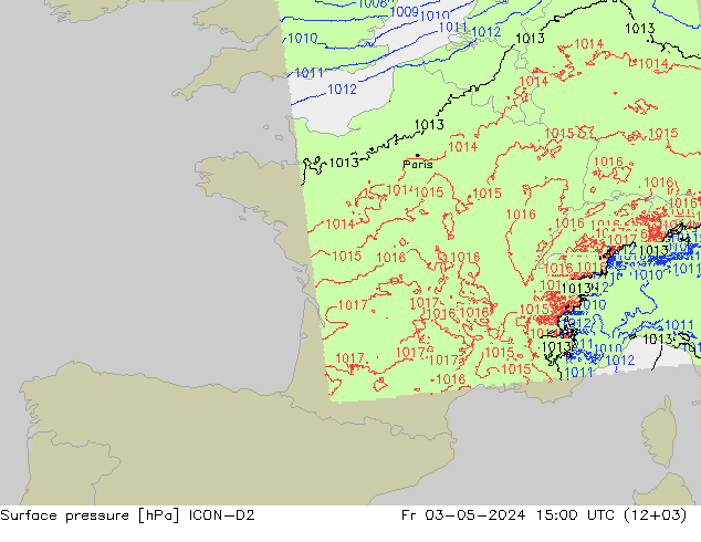 Presión superficial ICON-D2 vie 03.05.2024 15 UTC