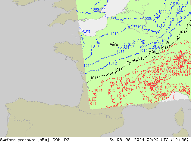 Luchtdruk (Grond) ICON-D2 zo 05.05.2024 00 UTC