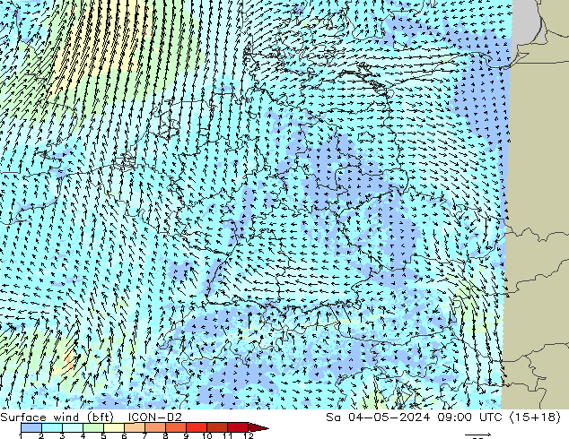 Surface wind (bft) ICON-D2 Sa 04.05.2024 09 UTC