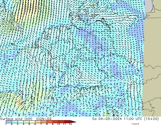 Surface wind (bft) ICON-D2 Sa 04.05.2024 11 UTC