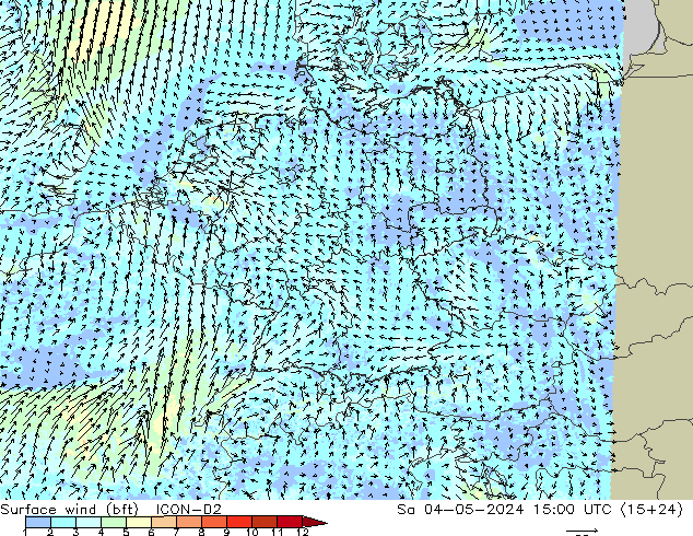 Surface wind (bft) ICON-D2 Sa 04.05.2024 15 UTC