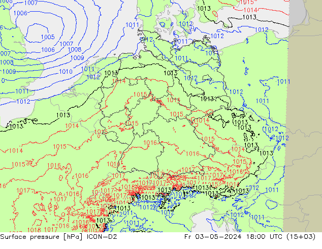 Atmosférický tlak ICON-D2 Pá 03.05.2024 18 UTC