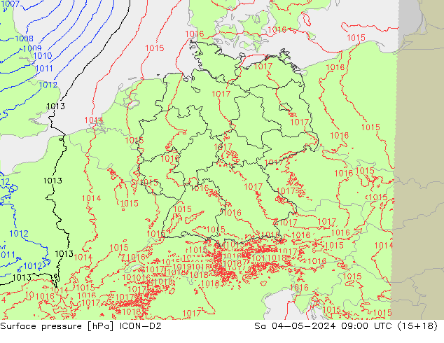 Pressione al suolo ICON-D2 sab 04.05.2024 09 UTC