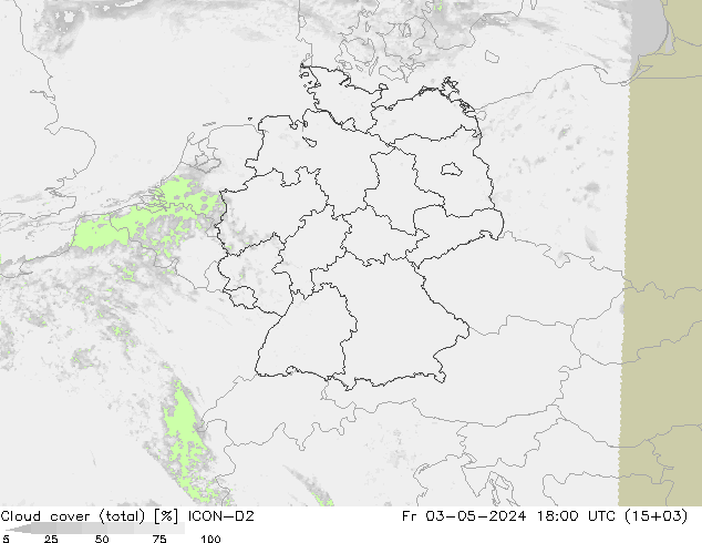 Cloud cover (total) ICON-D2 Fr 03.05.2024 18 UTC