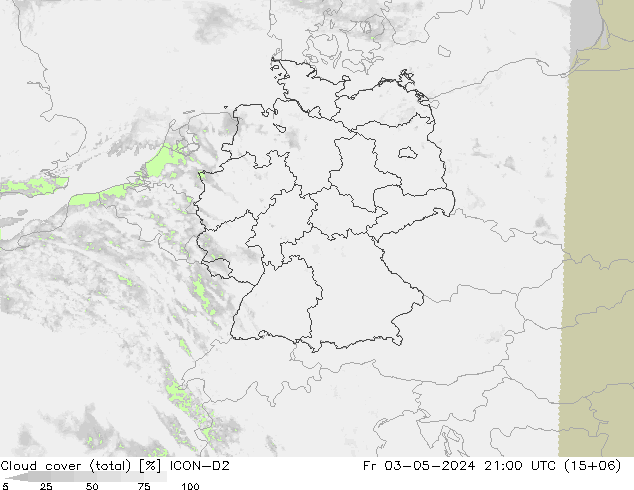 Cloud cover (total) ICON-D2 Fr 03.05.2024 21 UTC