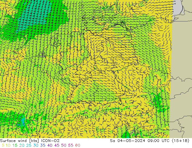 Vent 10 m ICON-D2 sam 04.05.2024 09 UTC