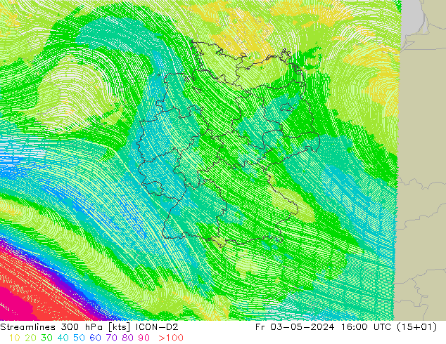 Línea de corriente 300 hPa ICON-D2 vie 03.05.2024 16 UTC