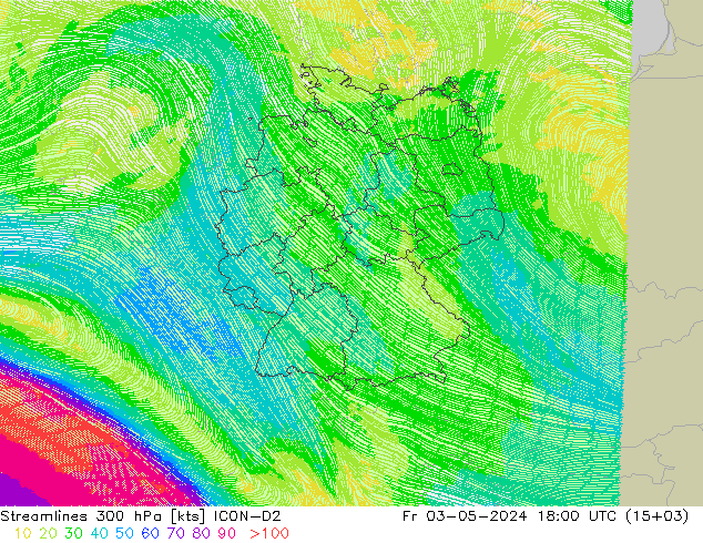 Streamlines 300 hPa ICON-D2 Fr 03.05.2024 18 UTC