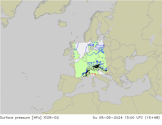Luchtdruk (Grond) ICON-D2 zo 05.05.2024 15 UTC