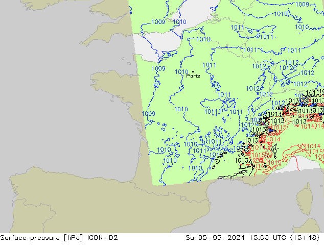 Luchtdruk (Grond) ICON-D2 zo 05.05.2024 15 UTC