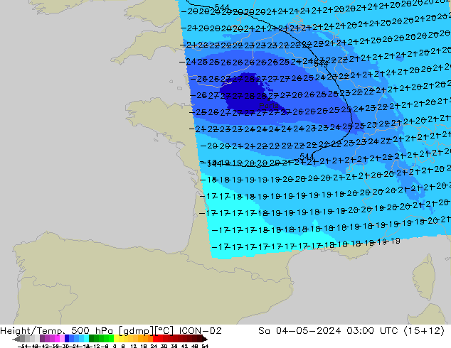 Height/Temp. 500 hPa ICON-D2 Sa 04.05.2024 03 UTC