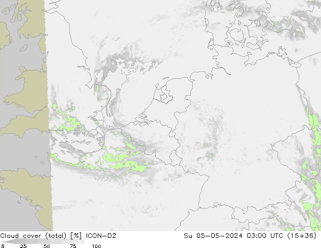 Cloud cover (total) ICON-D2 Su 05.05.2024 03 UTC