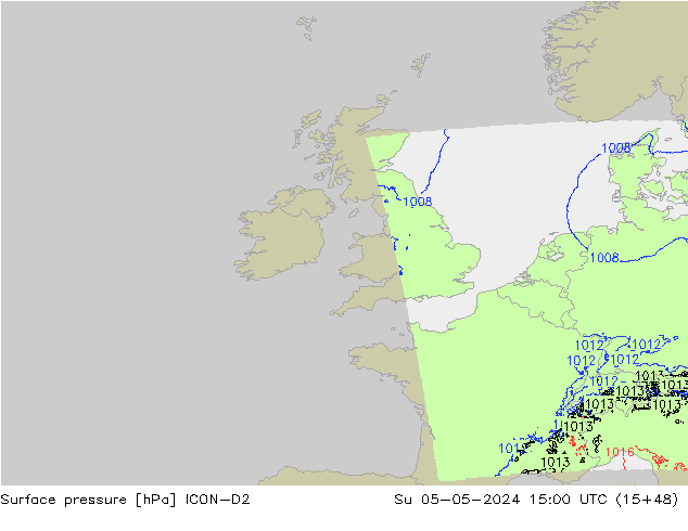 Presión superficial ICON-D2 dom 05.05.2024 15 UTC