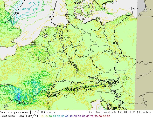 Isotachs (kph) ICON-D2 So 04.05.2024 12 UTC