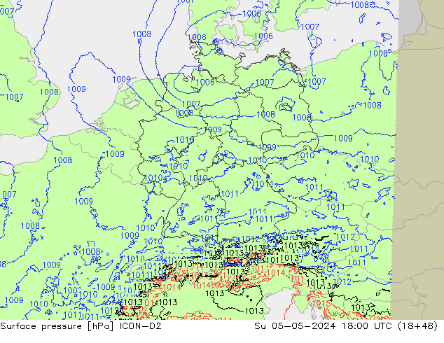 Atmosférický tlak ICON-D2 Ne 05.05.2024 18 UTC