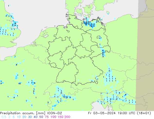 Precipitación acum. ICON-D2 vie 03.05.2024 19 UTC