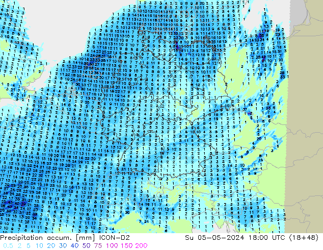 Précipitation accum. ICON-D2 dim 05.05.2024 18 UTC