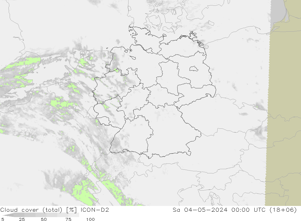 Cloud cover (total) ICON-D2 Sa 04.05.2024 00 UTC