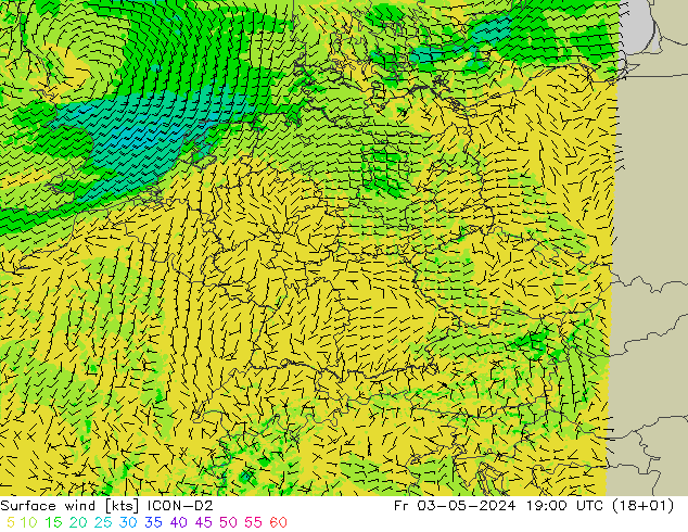 Surface wind ICON-D2 Pá 03.05.2024 19 UTC