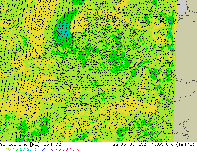 Surface wind ICON-D2 Su 05.05.2024 15 UTC