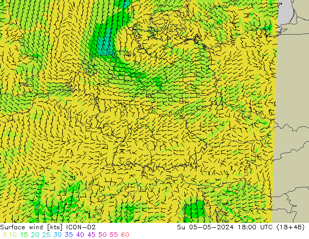 ветер 10 m ICON-D2 Вс 05.05.2024 18 UTC