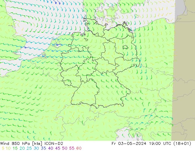 Viento 850 hPa ICON-D2 vie 03.05.2024 19 UTC