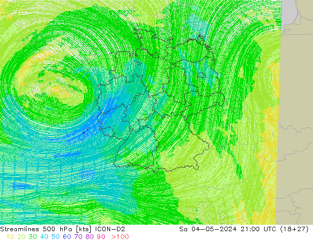 Streamlines 500 hPa ICON-D2 Sa 04.05.2024 21 UTC