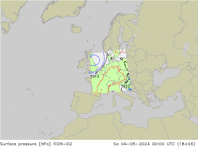 Presión superficial ICON-D2 sáb 04.05.2024 00 UTC