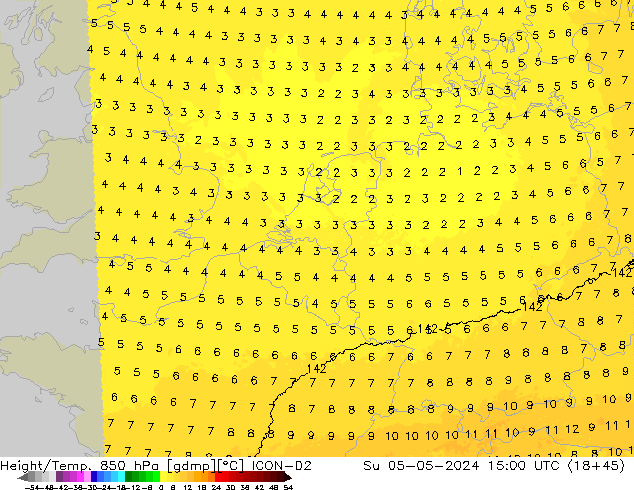 Height/Temp. 850 hPa ICON-D2 Su 05.05.2024 15 UTC