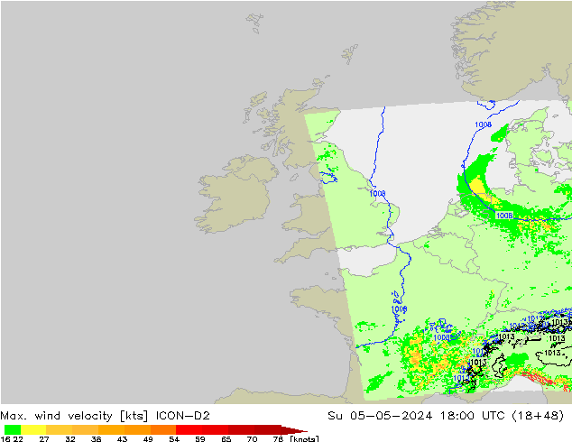 Max. wind snelheid ICON-D2 zo 05.05.2024 18 UTC