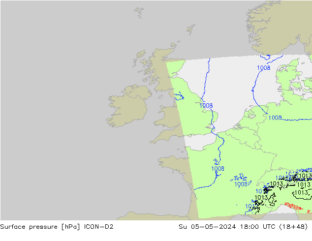 Atmosférický tlak ICON-D2 Ne 05.05.2024 18 UTC