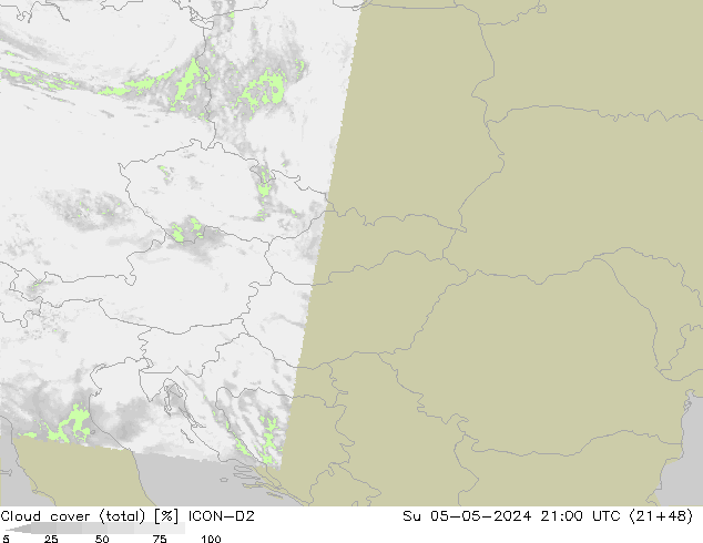 Cloud cover (total) ICON-D2 Ne 05.05.2024 21 UTC