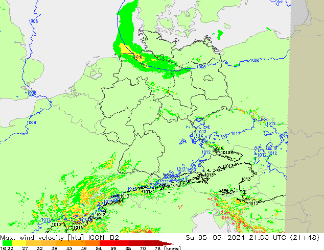 Max. wind velocity ICON-D2  05.05.2024 21 UTC