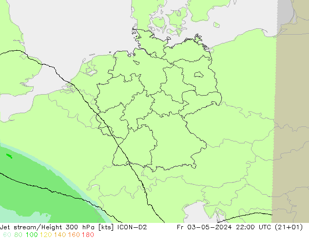 Corriente en chorro ICON-D2 vie 03.05.2024 22 UTC