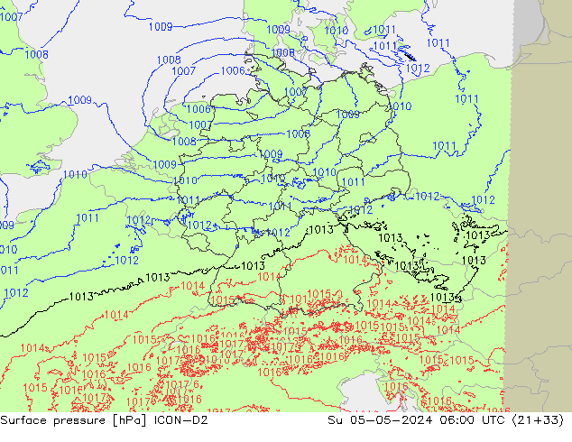 Surface pressure ICON-D2 Su 05.05.2024 06 UTC