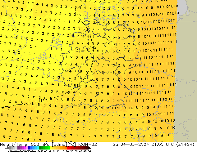 Height/Temp. 850 hPa ICON-D2 Sa 04.05.2024 21 UTC