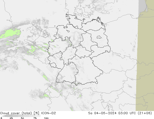 Cloud cover (total) ICON-D2 Sa 04.05.2024 03 UTC
