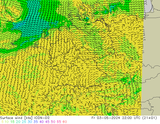 Viento 10 m ICON-D2 vie 03.05.2024 22 UTC