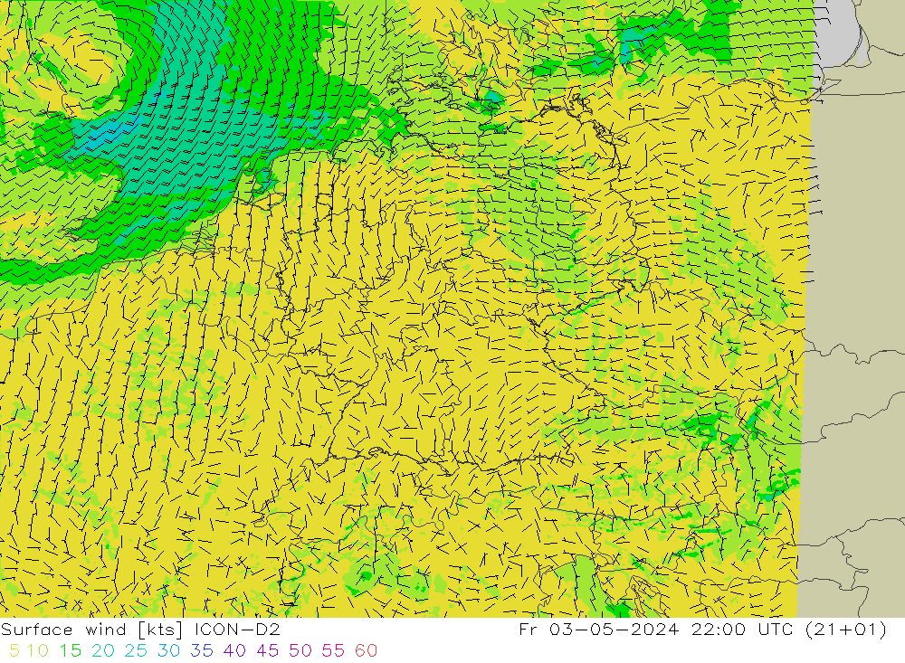 Viento 10 m ICON-D2 vie 03.05.2024 22 UTC