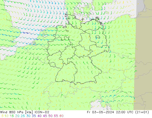 wiatr 850 hPa ICON-D2 pt. 03.05.2024 22 UTC