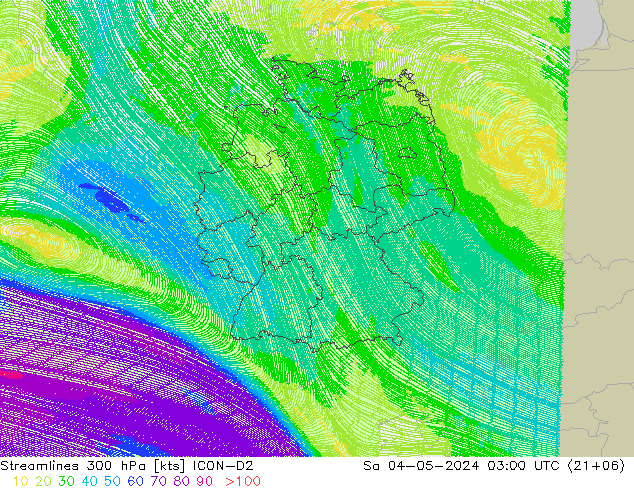 Streamlines 300 hPa ICON-D2 Sa 04.05.2024 03 UTC