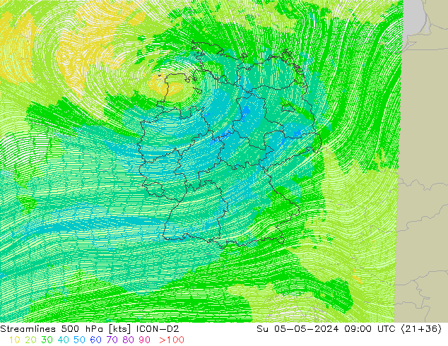 Streamlines 500 hPa ICON-D2 Su 05.05.2024 09 UTC