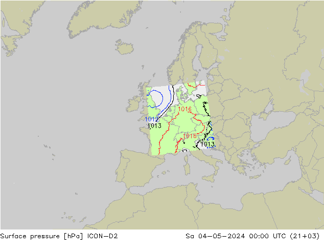Presión superficial ICON-D2 sáb 04.05.2024 00 UTC