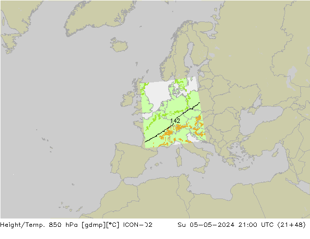 Hoogte/Temp. 850 hPa ICON-D2 zo 05.05.2024 21 UTC