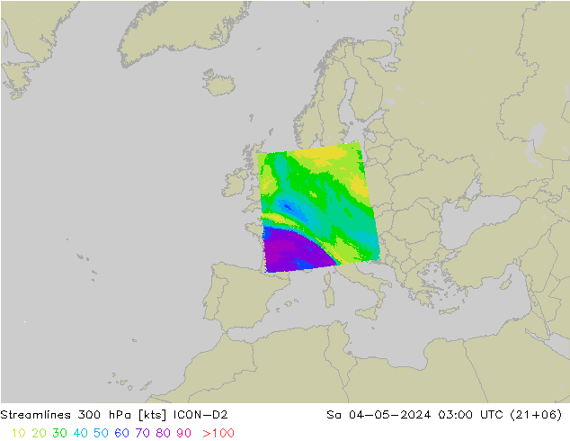 Rüzgar 300 hPa ICON-D2 Cts 04.05.2024 03 UTC