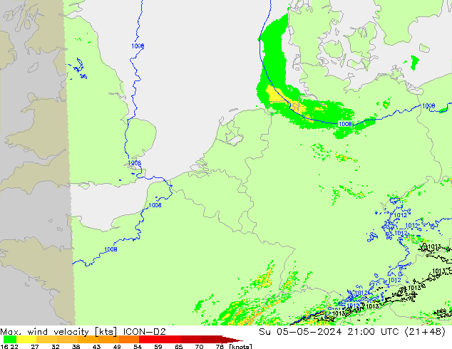 Max. wind snelheid ICON-D2 zo 05.05.2024 21 UTC