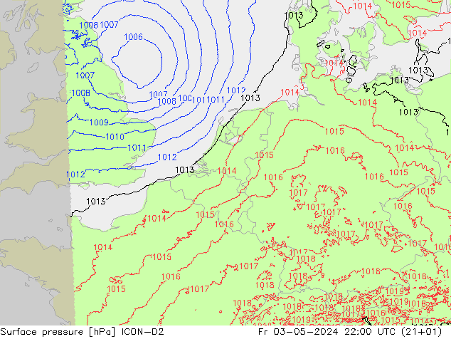 Presión superficial ICON-D2 vie 03.05.2024 22 UTC