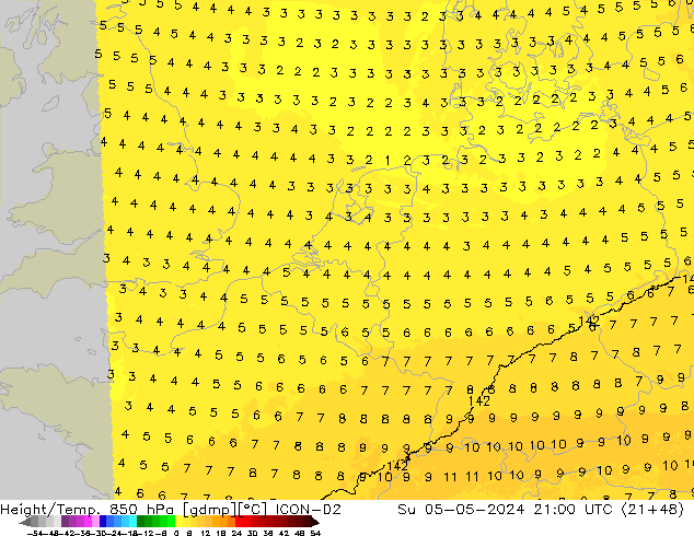 Height/Temp. 850 гПа ICON-D2 Вс 05.05.2024 21 UTC