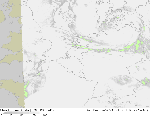 Cloud cover (total) ICON-D2 Su 05.05.2024 21 UTC