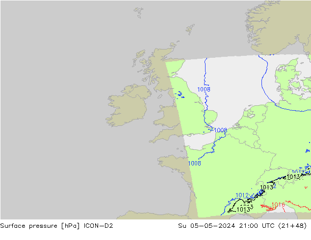 Atmosférický tlak ICON-D2 Ne 05.05.2024 21 UTC